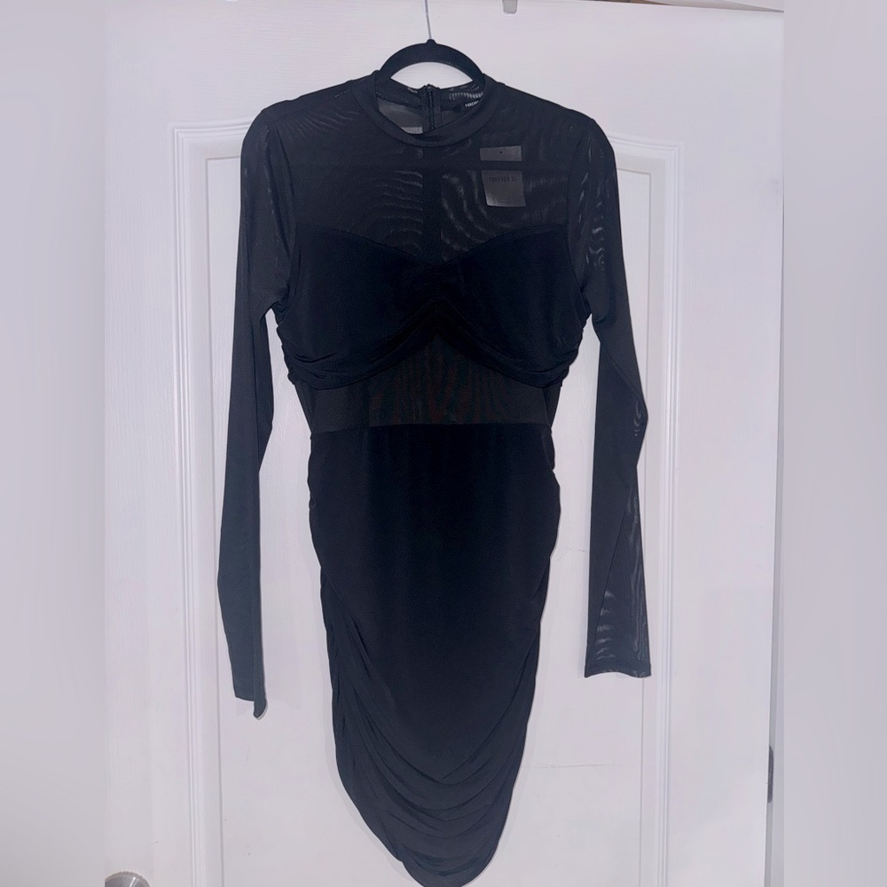 Forever 21 Womens Black Long Sleeve Mesh Cutout Dress XL NWT
